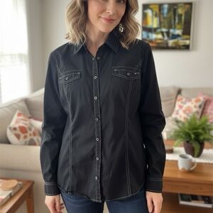 Tommy Hilfiger Black Button Down Shirt L - Contrast Stitch - Roll Tab Sleeves